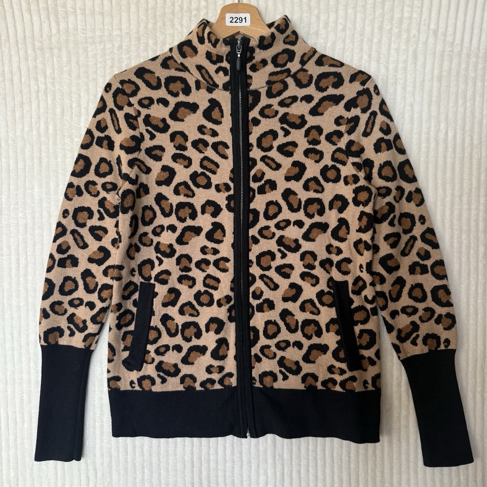 Rachel Zoe Mock Neck Leopard Print Zip Up Sweater Jacket Womens Size XS Pockets